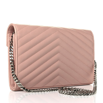 Saint Laurent Grain De Poudre Matelasse Chevron Monogram Chain Wallet Pale Pink 2 of 5