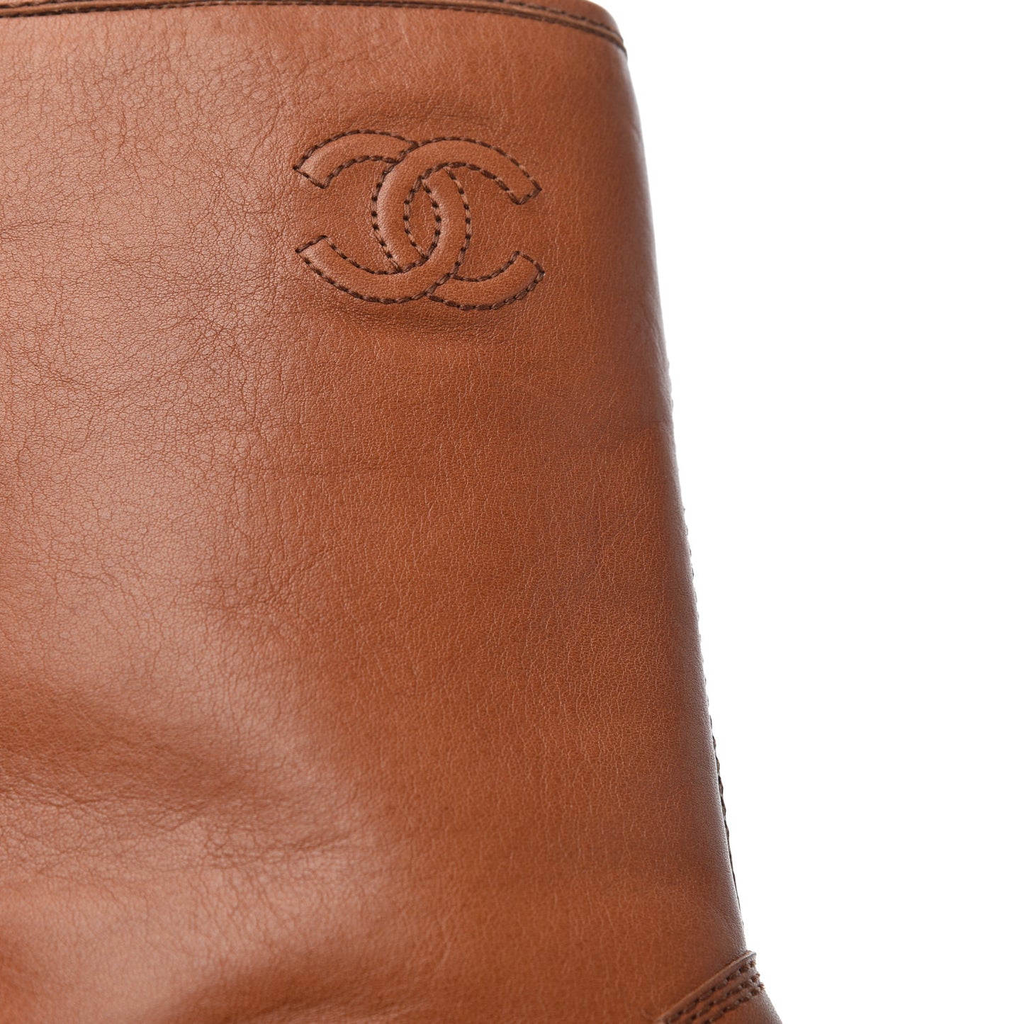 Calfskin CC Logo Mid Calf Boots 38 Caramel
