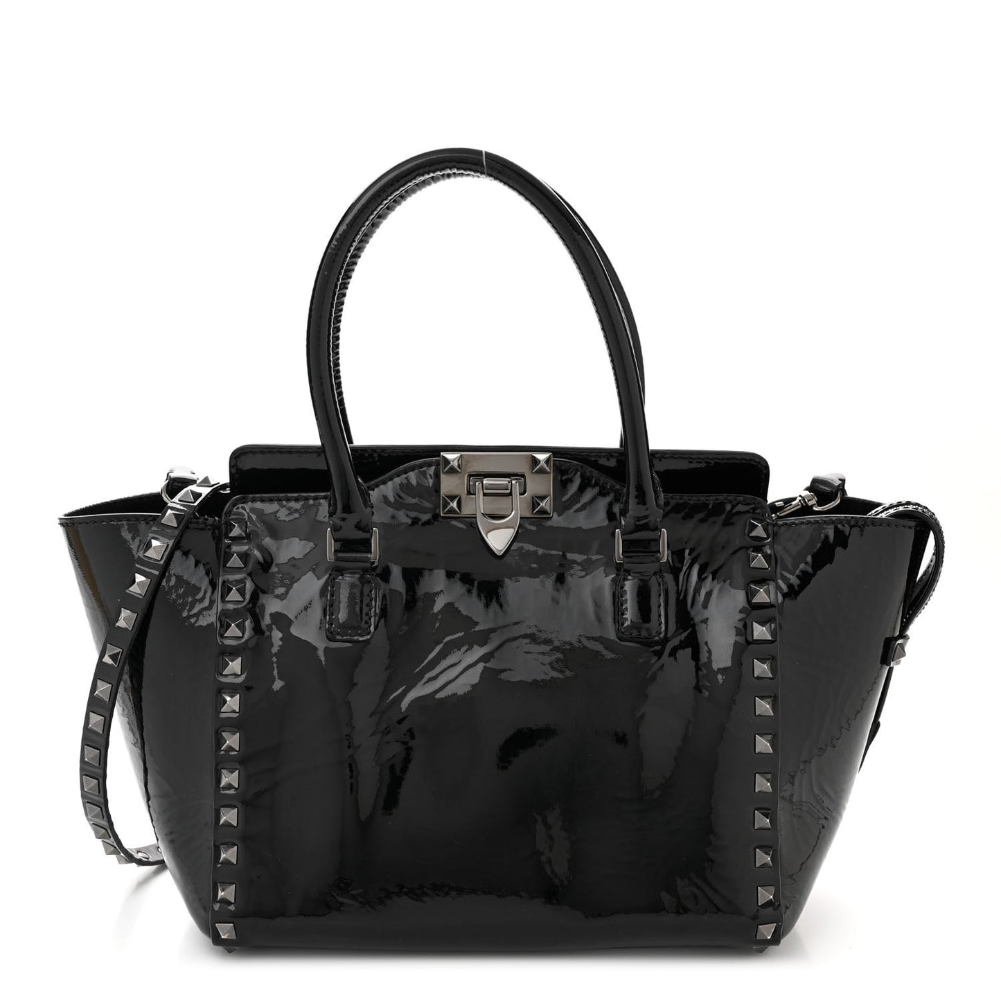 Patent Monochrome Small Rockstud Double Handle Tote Black