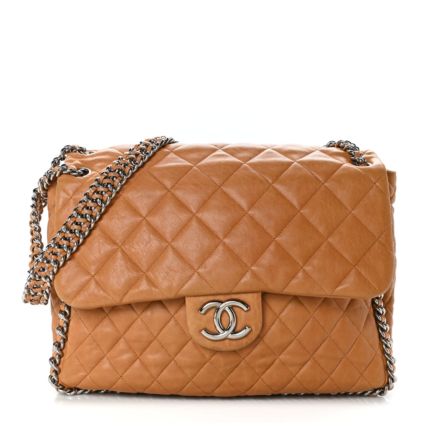 Washed Lambskin Chain Around Maxi Flap Bag Dark Beige