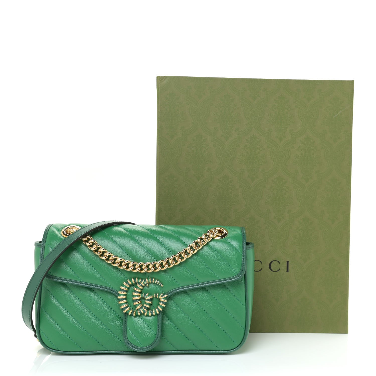 Gucci Azalea Calfskin Enamel Matelasse Diagonal Small Torchon GG Marmont Shoulder Bag New Shamarock Emerald 11 of 11