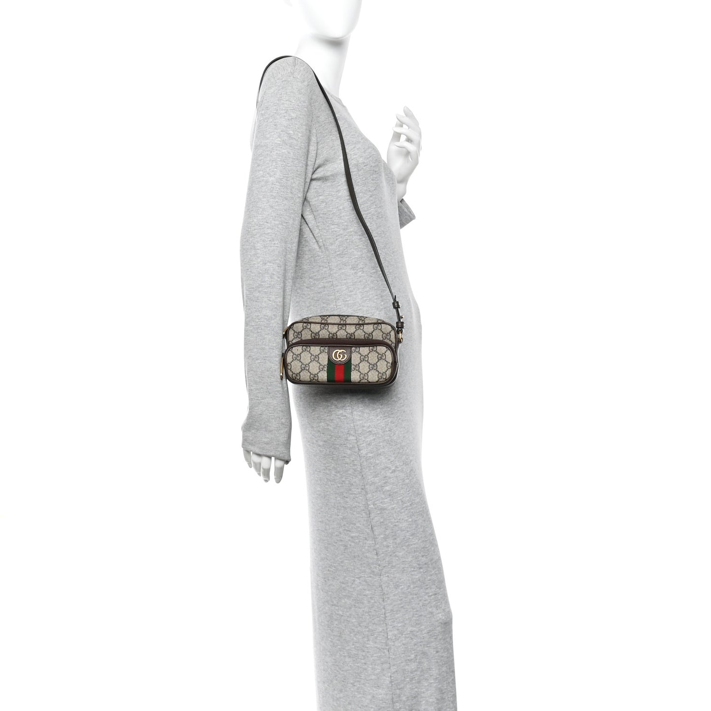 GG Supreme Monogram Textured Dollar Calfskin Web Mini Ophidia Convertible Shoulder Bag Beige Ebony New Acero
