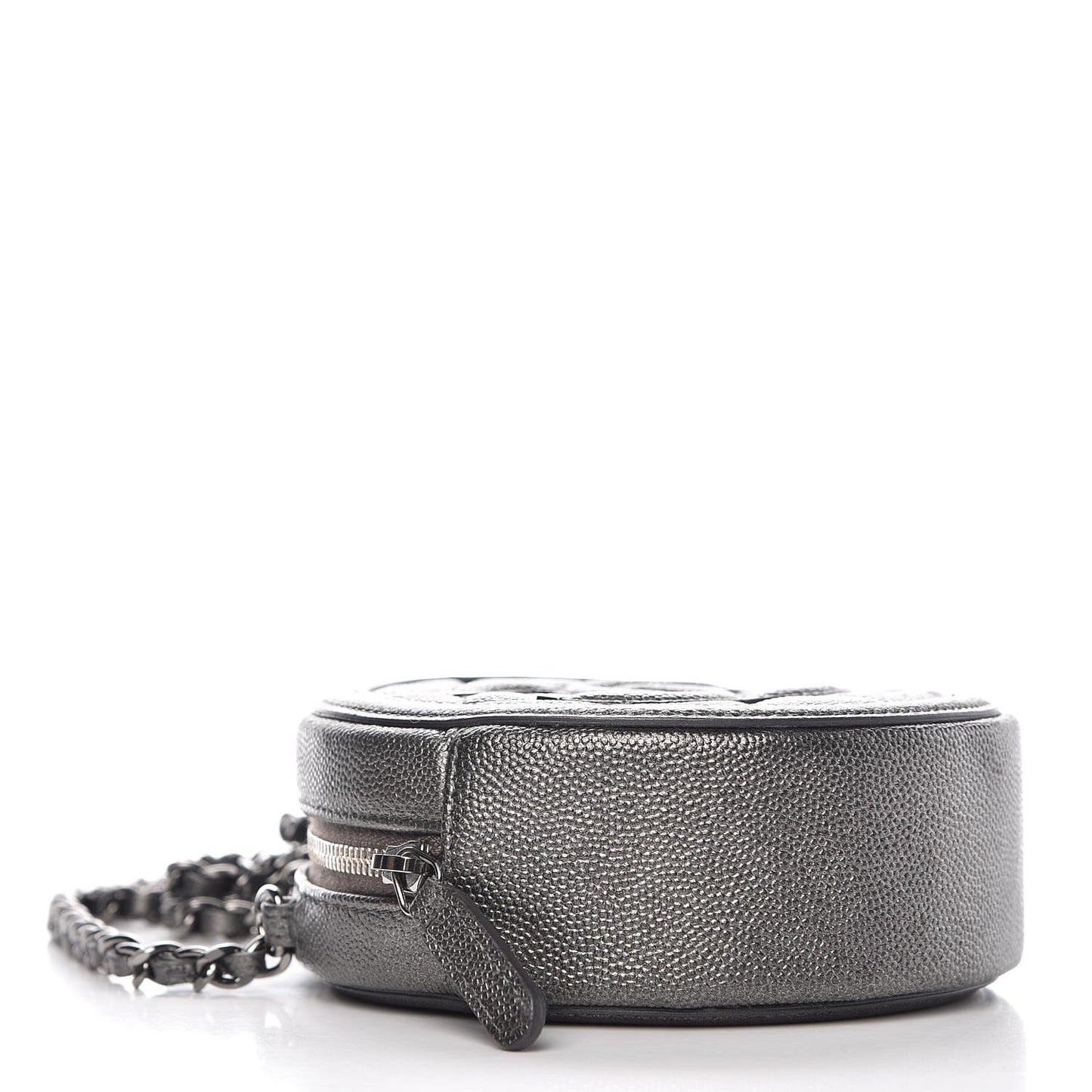Metallic Caviar Quilted Round Filigree Crossbody Dark Silver