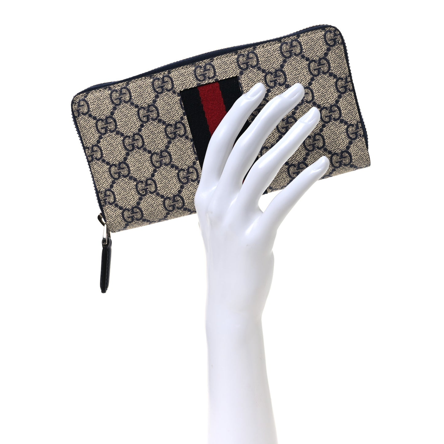 GG Supreme Monogram Web Zip Around Wallet Beige Blue