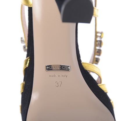 Gucci Velvet Nappa Crystal Zephyra Slingback Platform High Heel Sandals 37 Black Gold 6 of 7