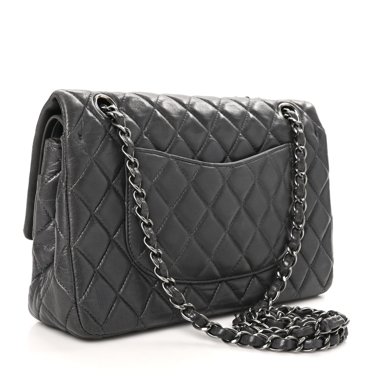 Lambskin Quilted Medium Double Flap Dark Grey