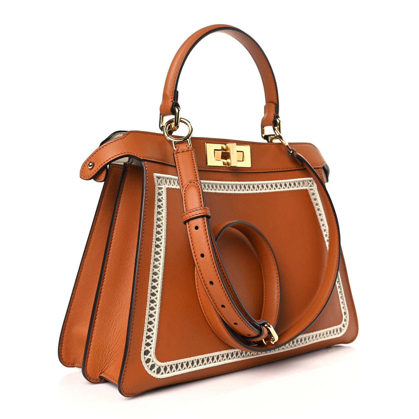 Vitello Seta Shiny Nappa Ajour Embroidered Medium Peekaboo I SEE U Satchel Brandy White Garza