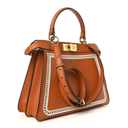 Fendi Vitello Seta Shiny Nappa Ajour Embroidered Medium Peekaboo I SEE U Satchel Brandy White Garza 3 of 9