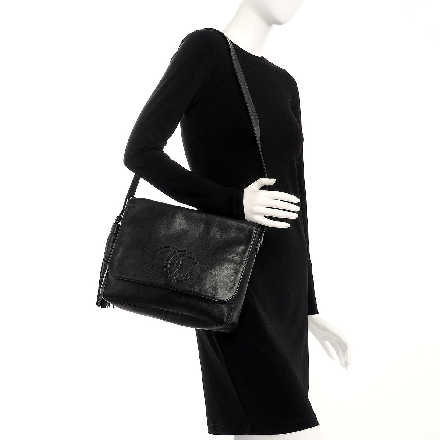 Lambskin CC Tassel Shoulder Flap Bag Black