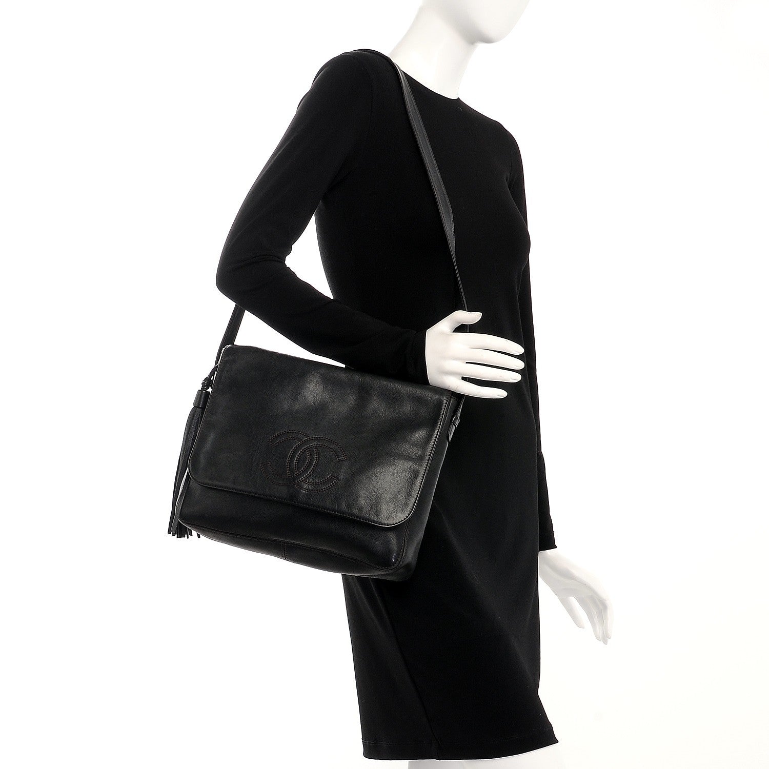 Chanel Lambskin CC Tassel Shoulder Flap Bag Black 2 of 7