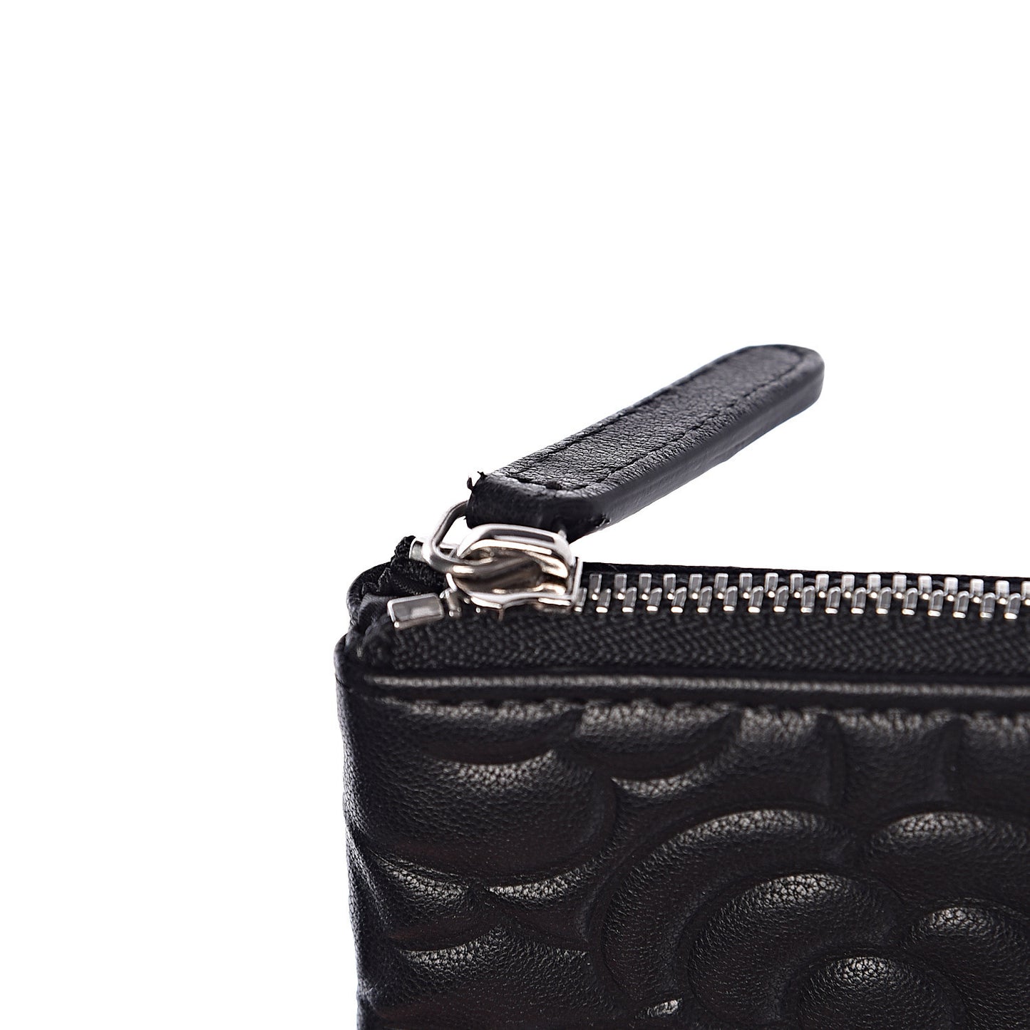Goatskin Camellia Embossed Cosmetic Pouch Black