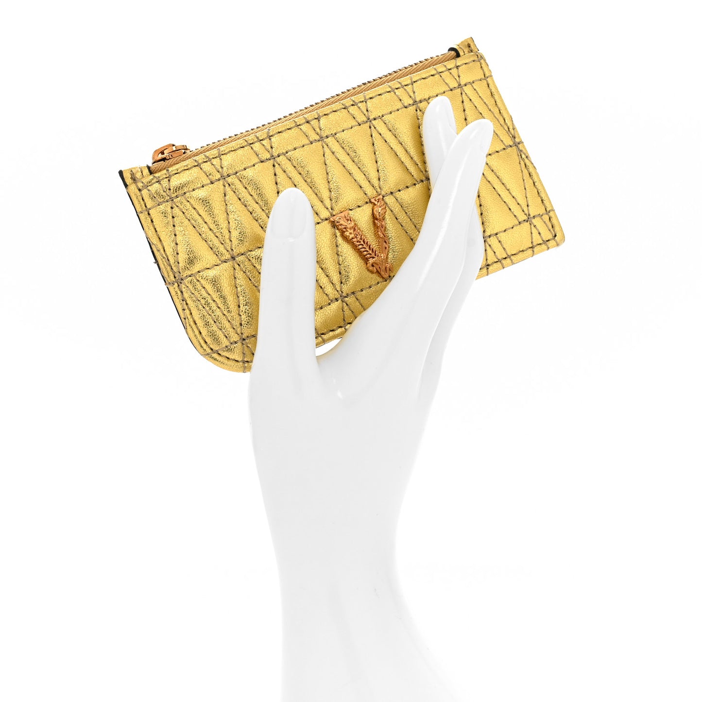 Metallic Nappa Quilted Virtus Zip Pouch Card Holder Gold