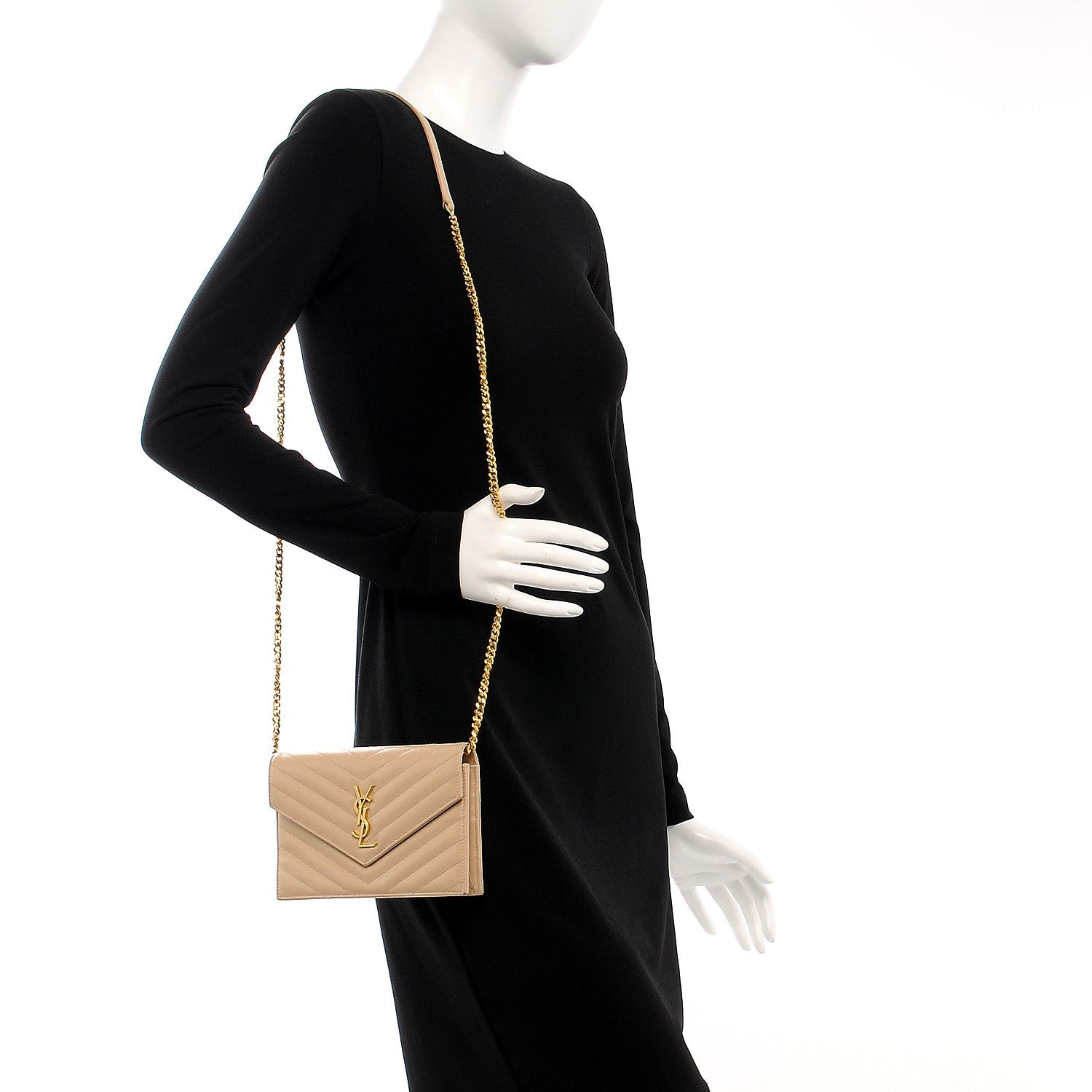 Saint Laurent Grain De Poudre Matelasse Chevron Monogram Envelope Chain Wallet Nude Powder 2 of 19