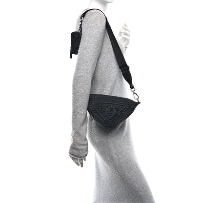 Prada Yarn Raffia Effect Crochet Triangle Shoulder Bag Black 2 of 10