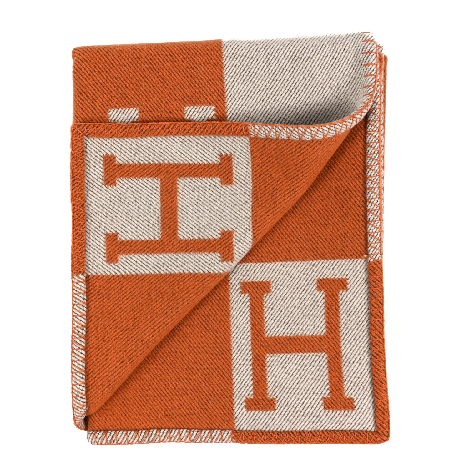 Hermes Wool Cashmere Signature Classic Avalon Blanket Ecru Potiron 2 of 3