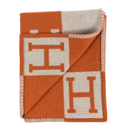 Hermes Wool Cashmere Signature Classic Avalon Blanket Ecru Potiron 2 of 3