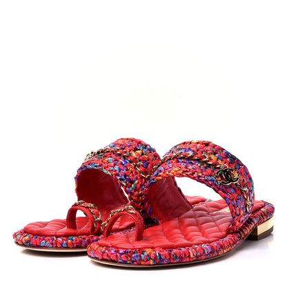 Chanel Raffia Lambskin Woven Chain CC Toe Ring Sandals 36.5 Red Multicolor 4 of 10