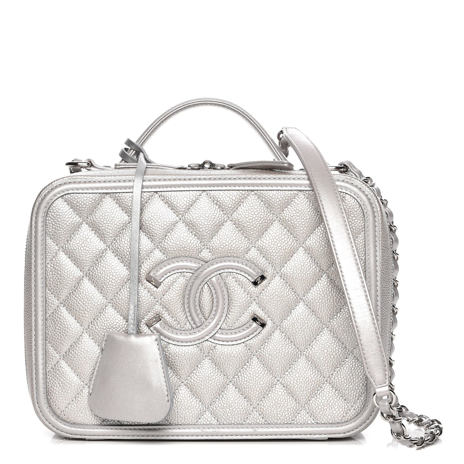 Chanel Metallic Caviar Quilted Large CC Filigree Vanity Case Silver 1 of 7