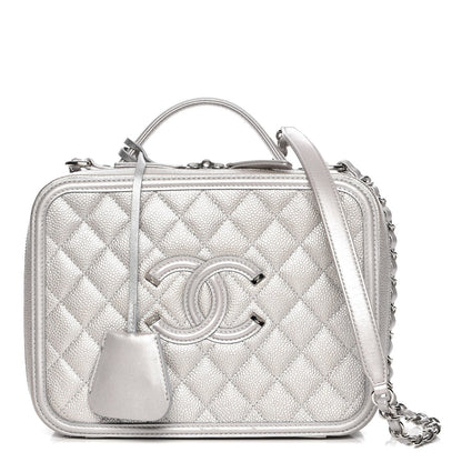Chanel Metallic Caviar Quilted Large CC Filigree Vanity Case Silver 1 of 7