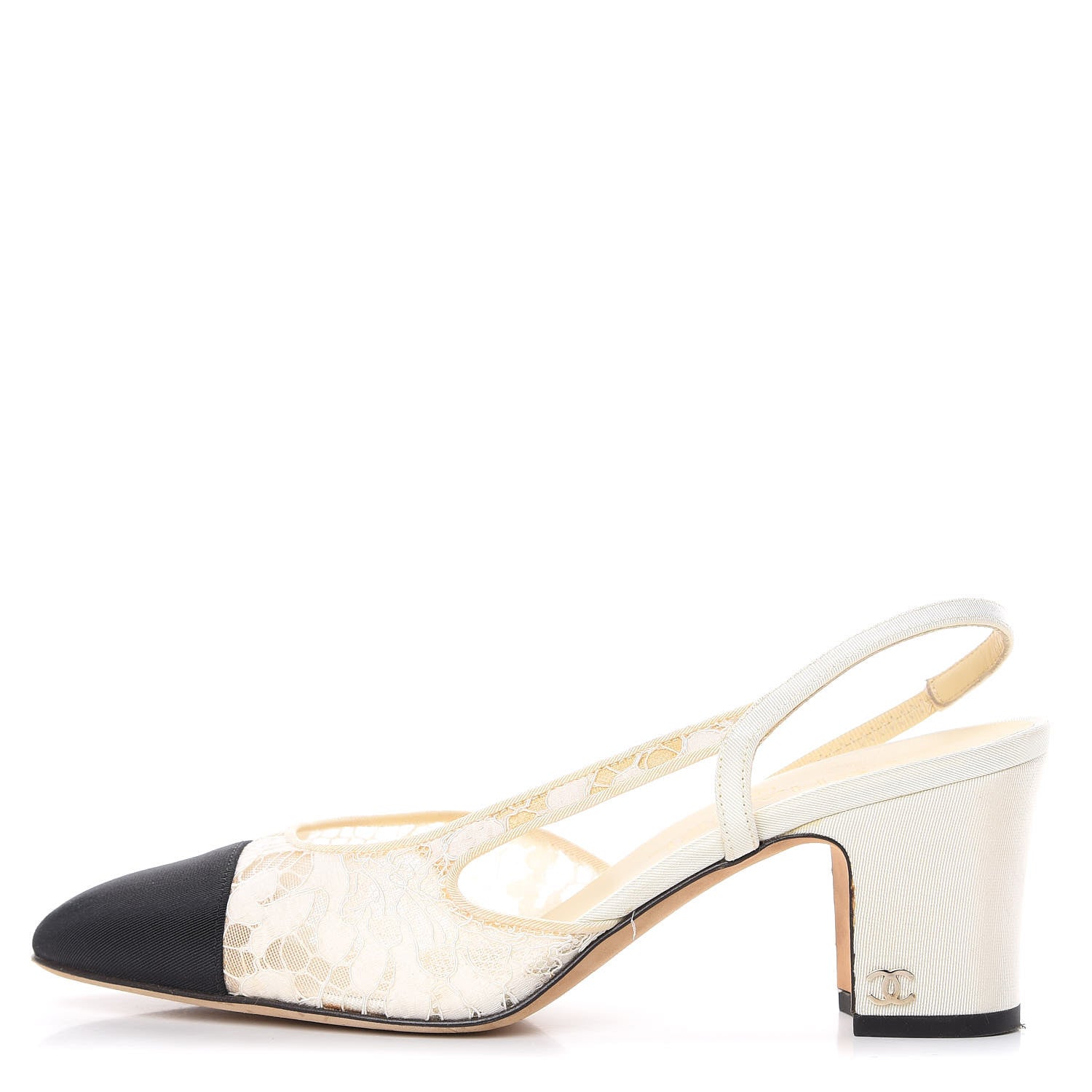 Chanel Lace Grosgrain Cap Toe CC Slingback Pumps 37.5 White Black 1 of 11