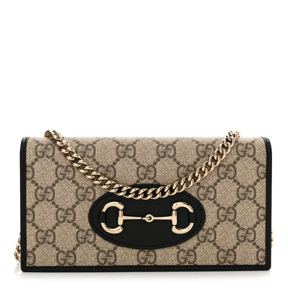 Gucci GG Supreme Monogram Azalea Calfskin Horsebit 1955 Wallet On Chain Beige Black 1 of 11
