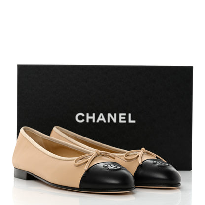 Chanel Lambskin Cap Toe CC Ballerina Flats 37.5 Beige Black 9 of 9