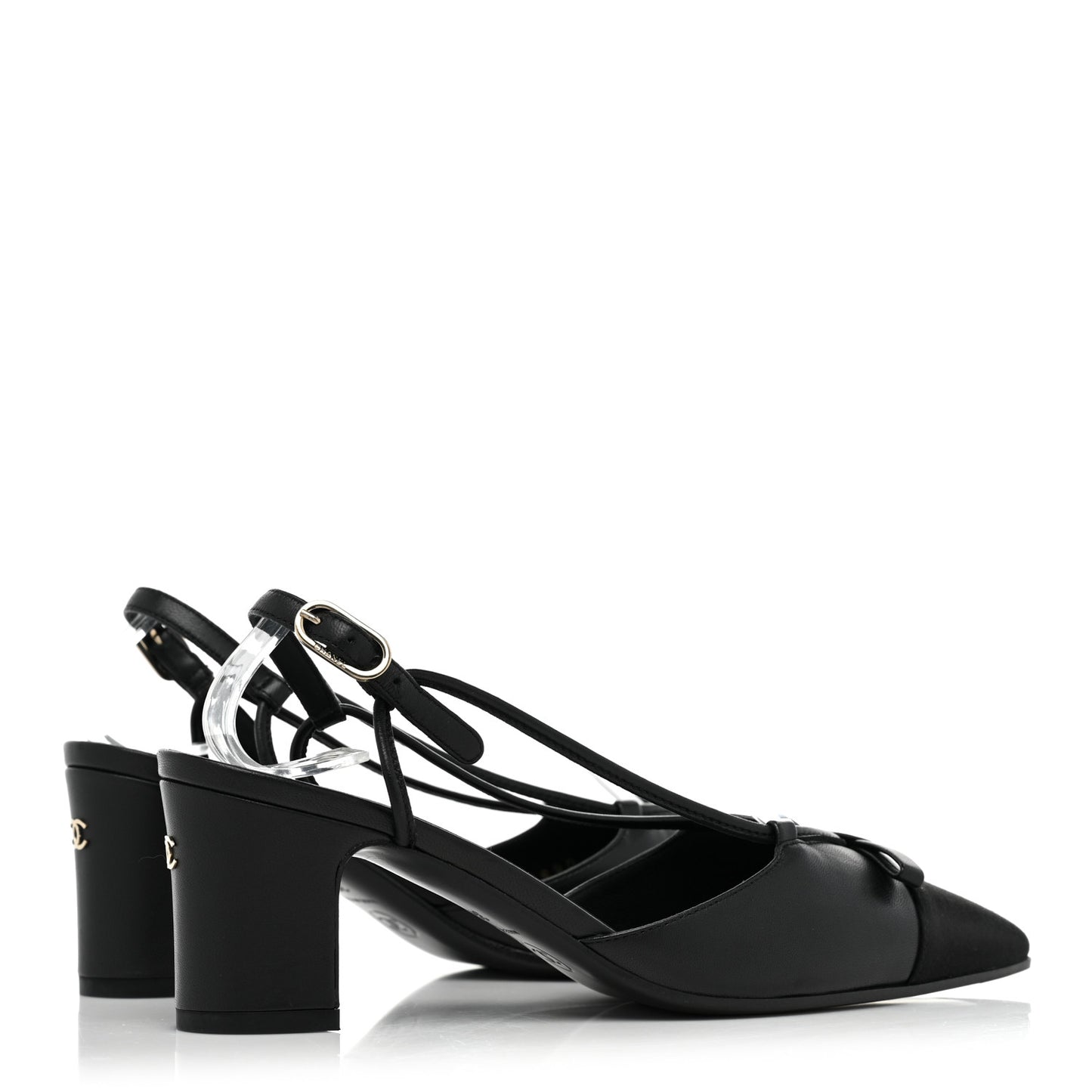 Lambskin Satin Slingback Cap Toe Bow Pumps 36 Black