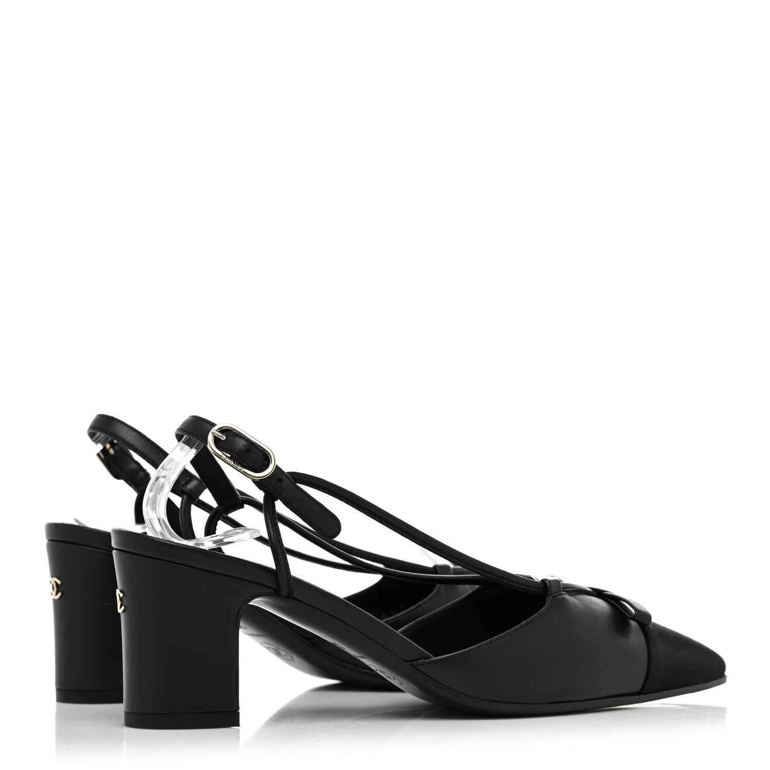 Chanel Lambskin Satin Slingback Cap Toe Bow Pumps 36 Black 5 of 10
