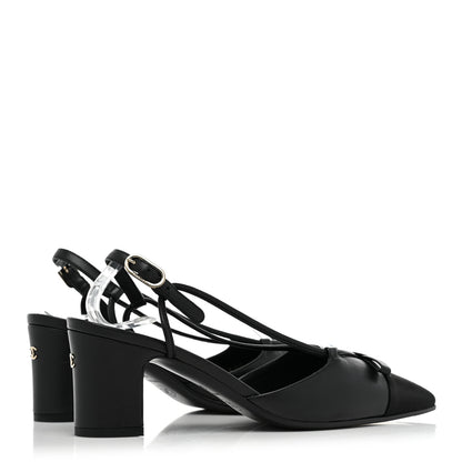 Chanel Lambskin Satin Slingback Cap Toe Bow Pumps 36 Black 5 of 10