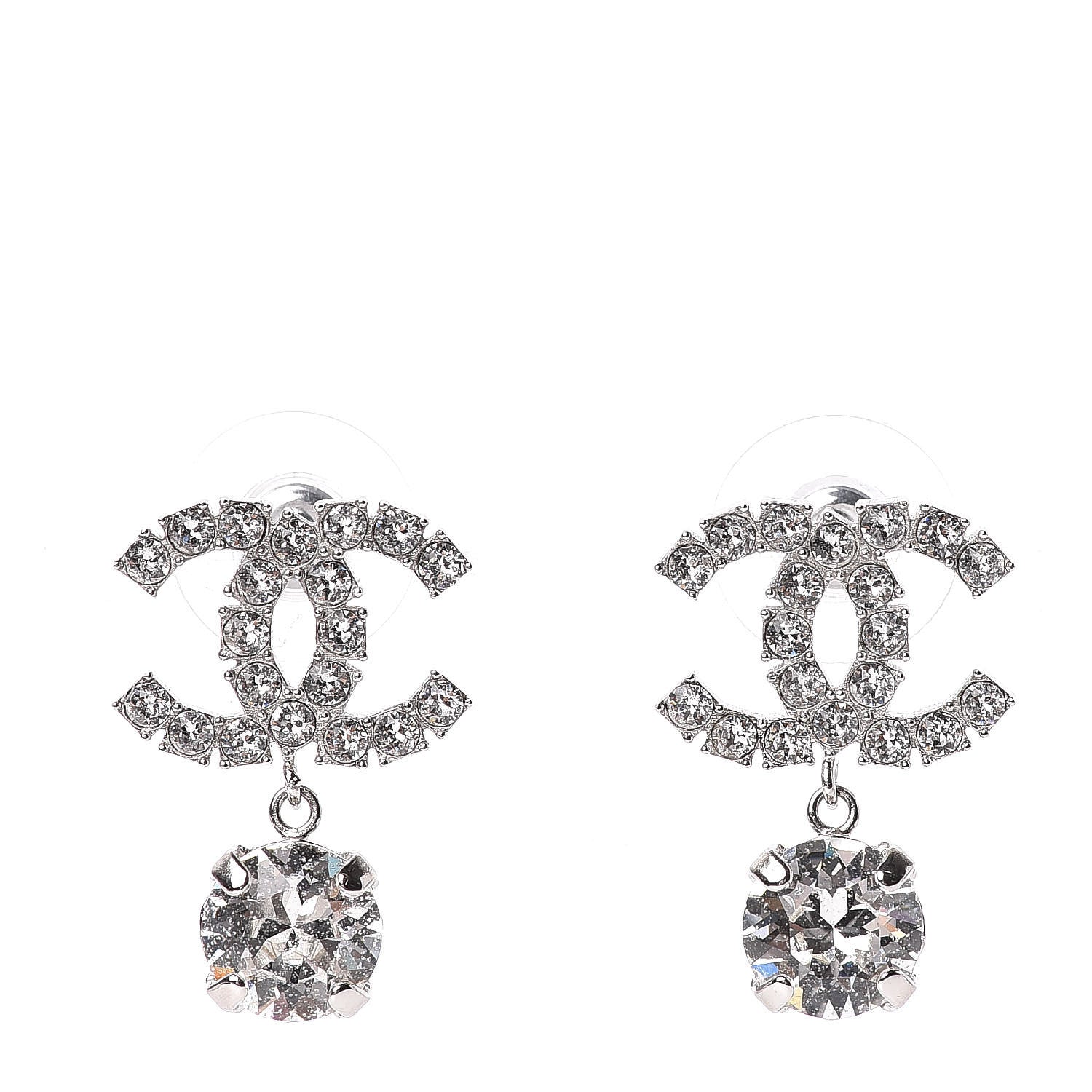 Chanel Crystal CC Drop Earrings Silver 1 of 5