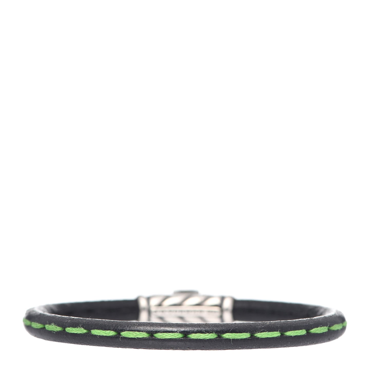 Sterling Silver Black Leather Chevron Green Stitch Mens Bracelet