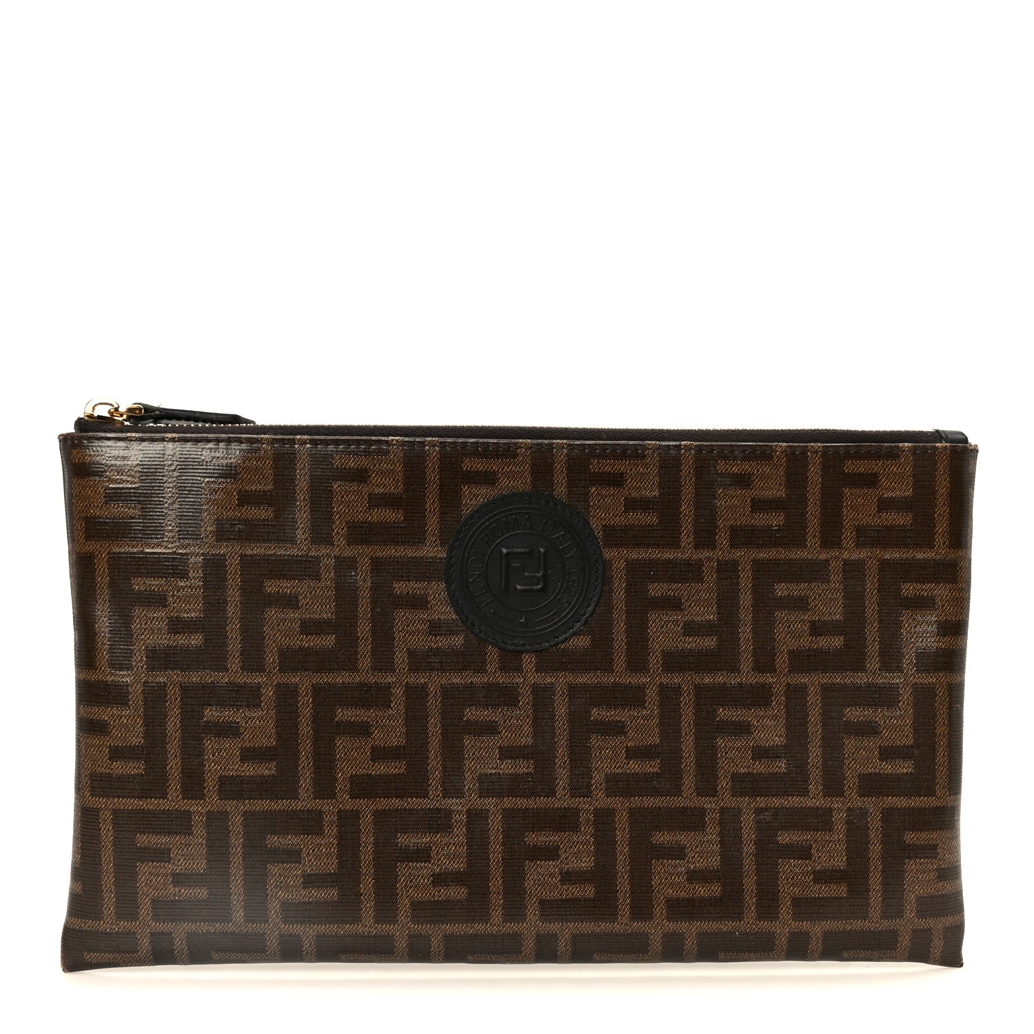 Fendi Glazed Fabric Vitello Century FF 1974 Stamp Patch Large Flat Pouch Mogano Panna Black 1 of 6