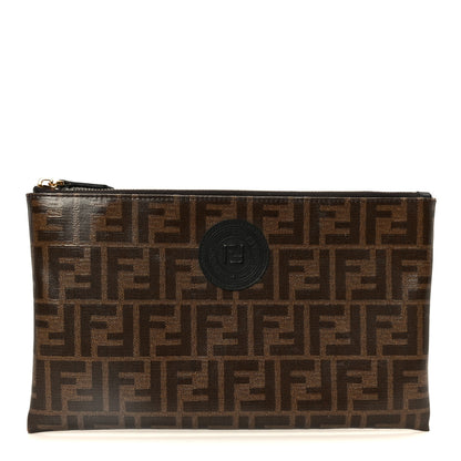 Fendi Glazed Fabric Vitello Century FF 1974 Stamp Patch Large Flat Pouch Mogano Panna Black 1 of 6