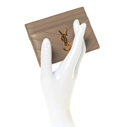 Saint Laurent Grain De Poudre Matelasse Chevron Monogram Credit Card Case Dark Beige 2 of 7
