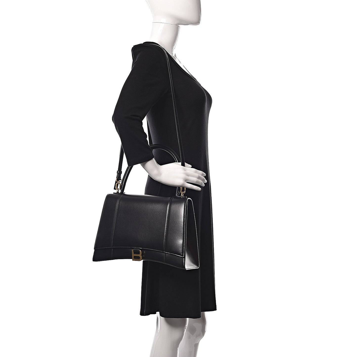 Shiny Box Calfskin Medium Hourglass Top Handle Bag Black