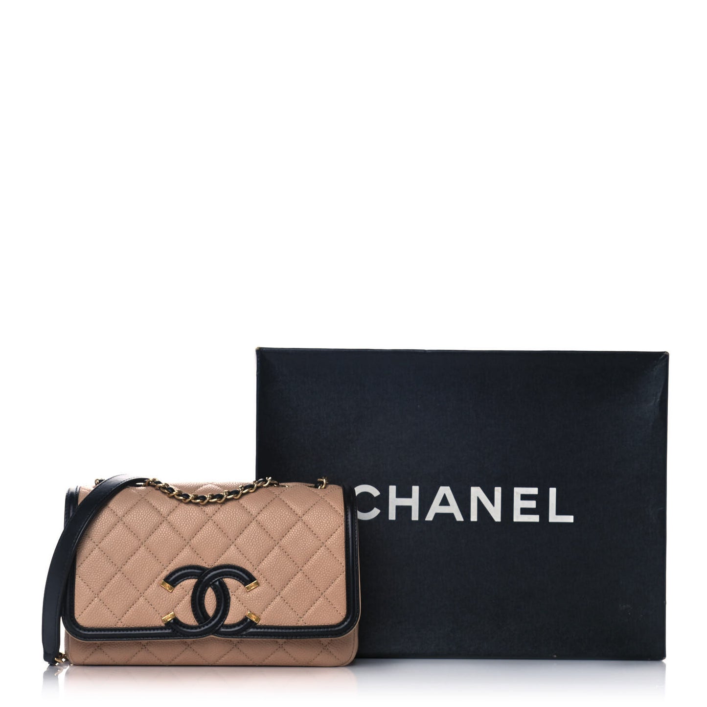 Caviar Quilted Small CC Filigree Flap Beige Black