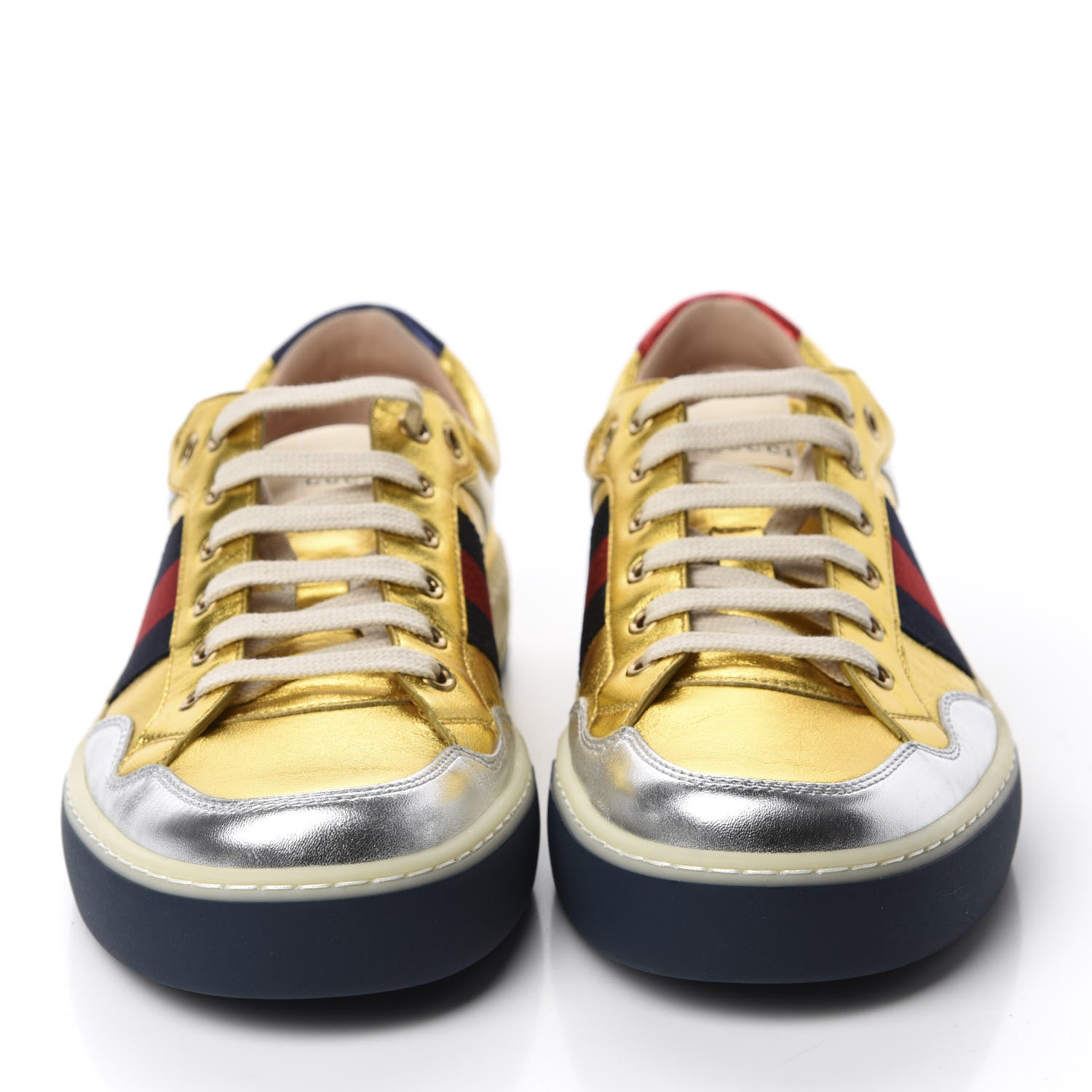 Gucci Metallic Nappa Web Mens Low Top Sneakers 9.5 Argento Oro Vecchio 2 of 11