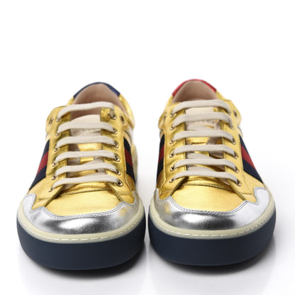 Gucci Metallic Nappa Web Mens Low Top Sneakers 9.5 Argento Oro Vecchio 2 of 11