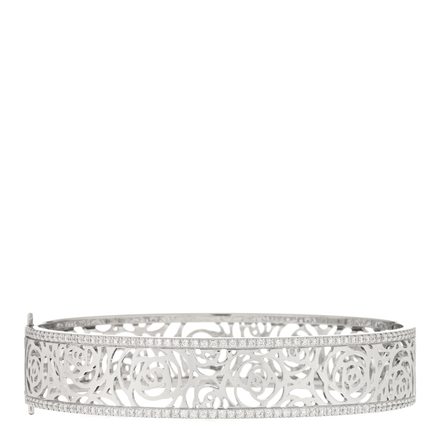 Chanel 18K White Gold Diamond Camelia Ajoure Bangle Bracelet L 1 of 3