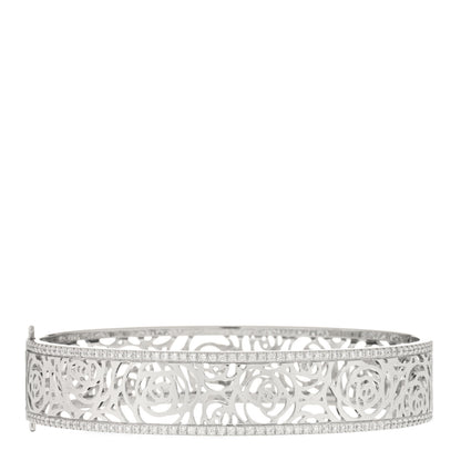 Chanel 18K White Gold Diamond Camelia Ajoure Bangle Bracelet L 1 of 3