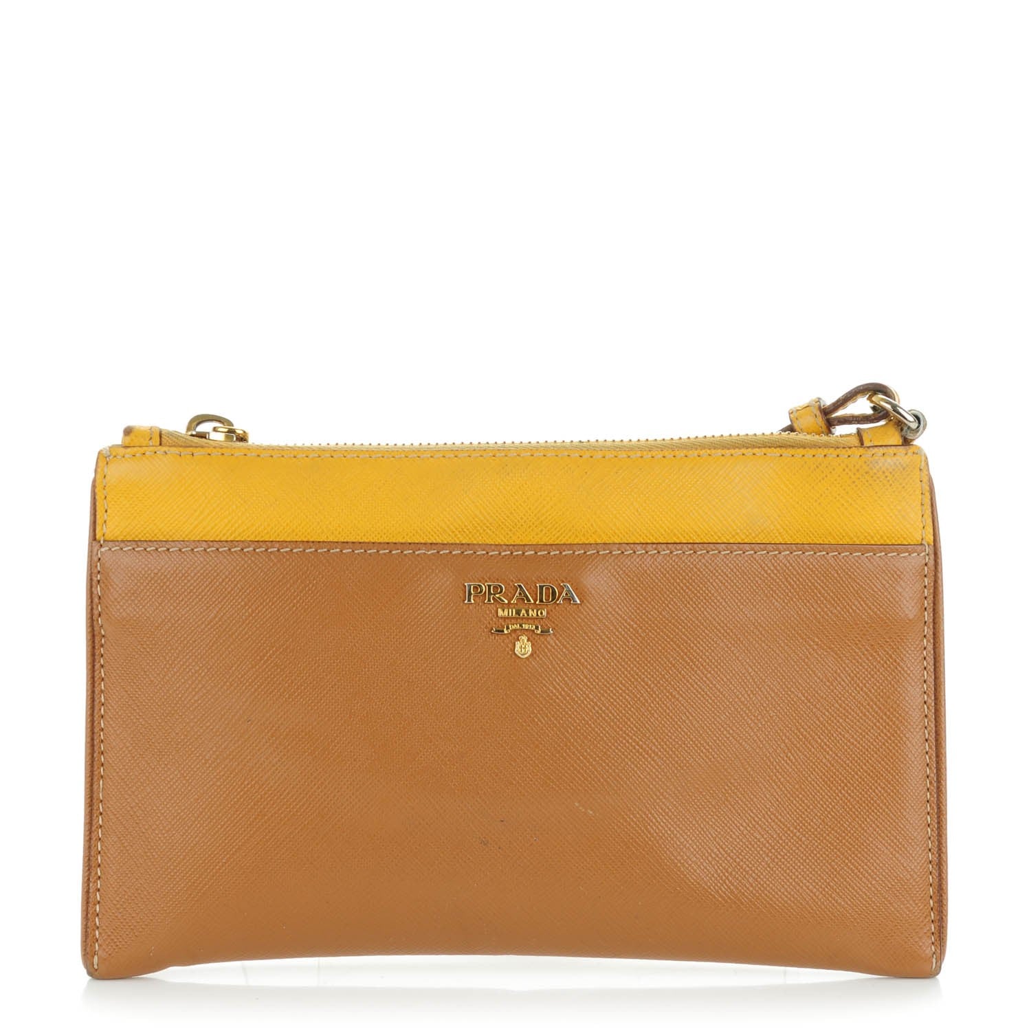 Prada Saffiano Bi-Color Wristlet Clutch Caramel Mimosa 1 of 8