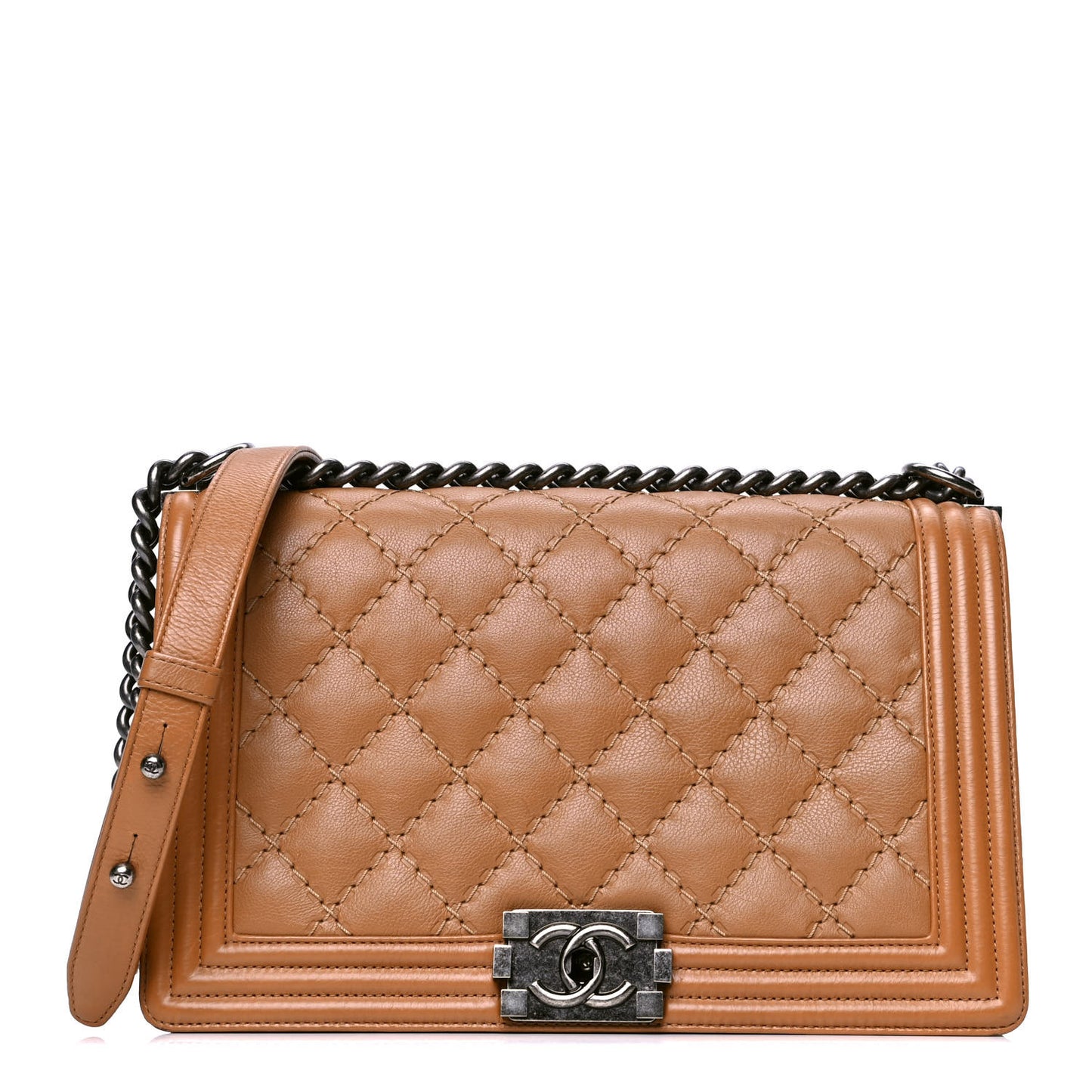 Calfskin Quilted Double Stitch New Medium Boy Flap Beige