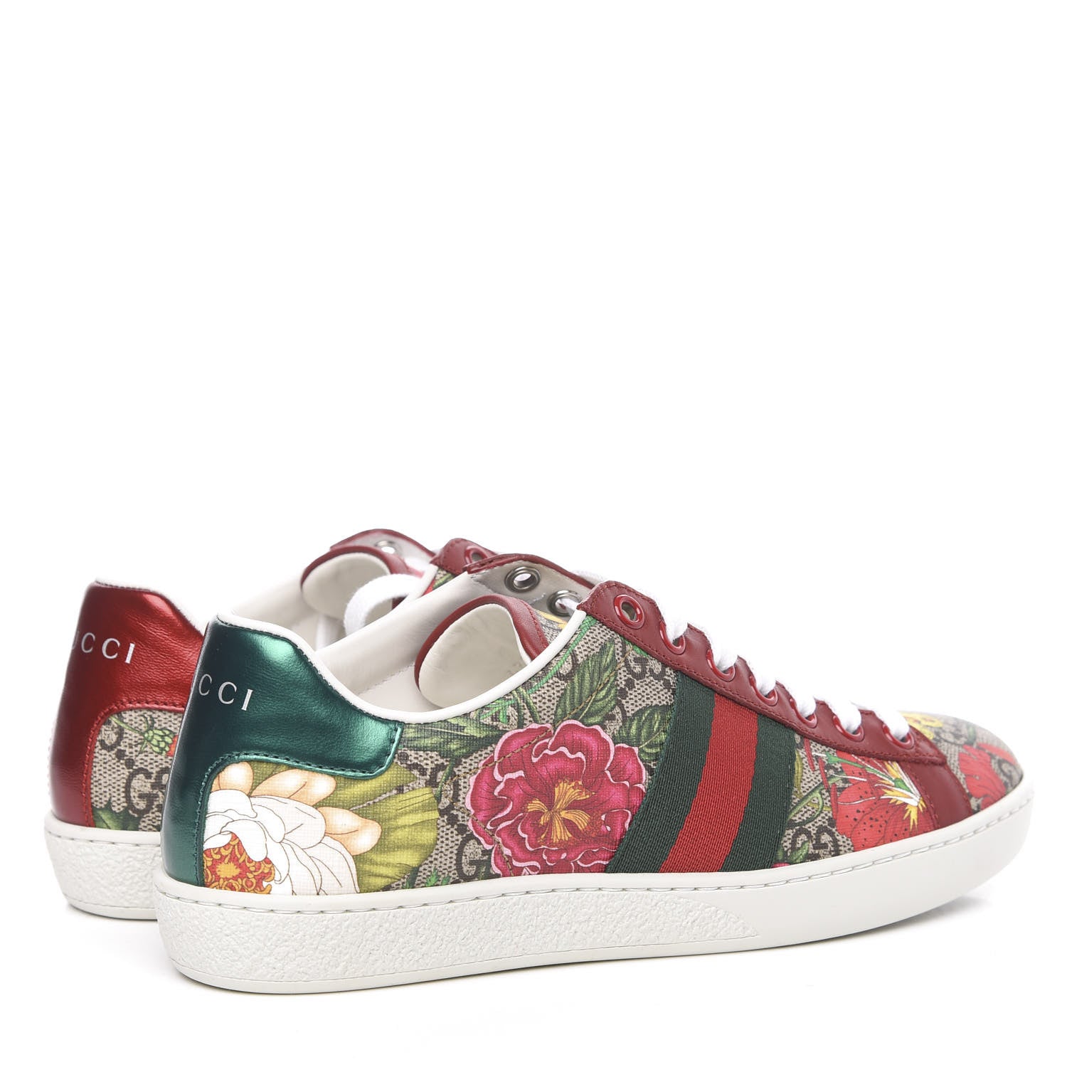 Gucci GG Supreme Monogram Flora Web Womens Ace Sneakers 35 Beige Multicolor Rosso 4 of 9