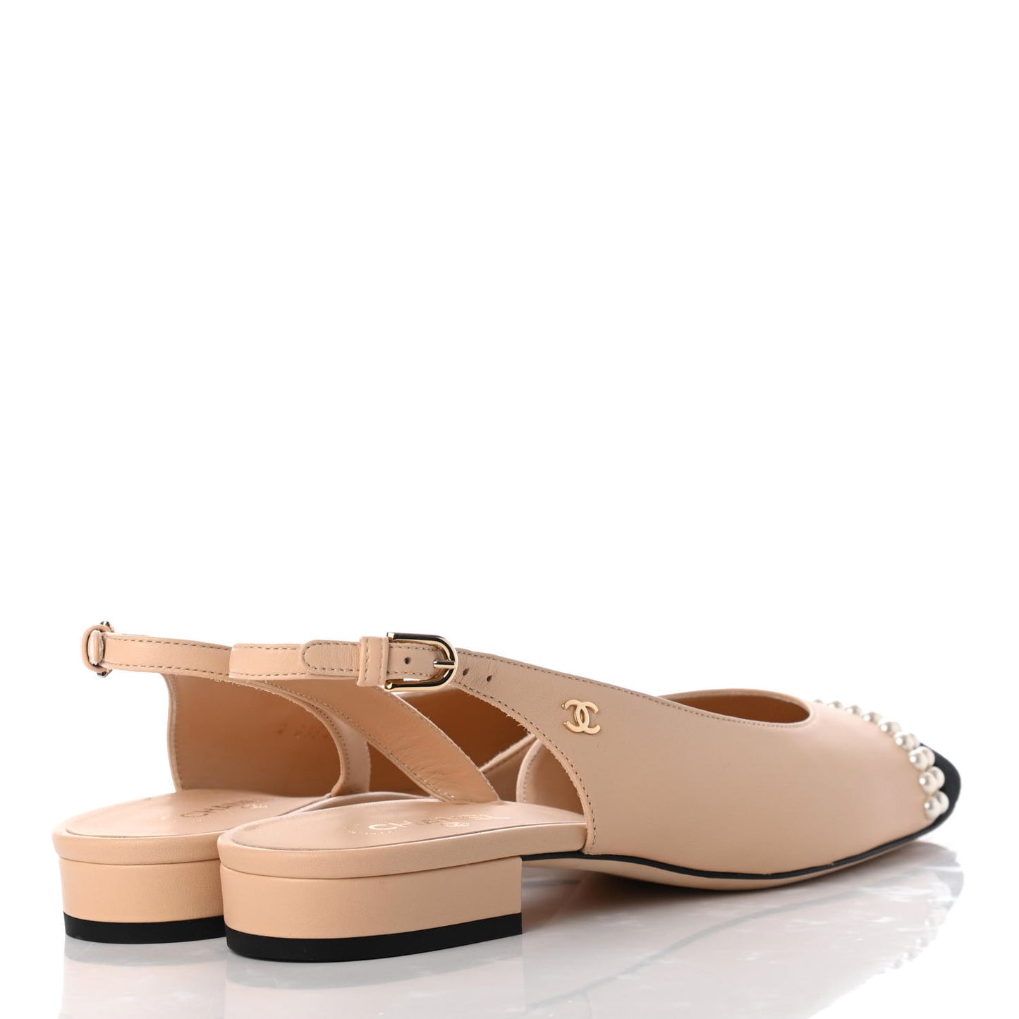 Lambskin Grosgrain Pearl Cap Toe CC Slingback Flats 37.5 Beige Black