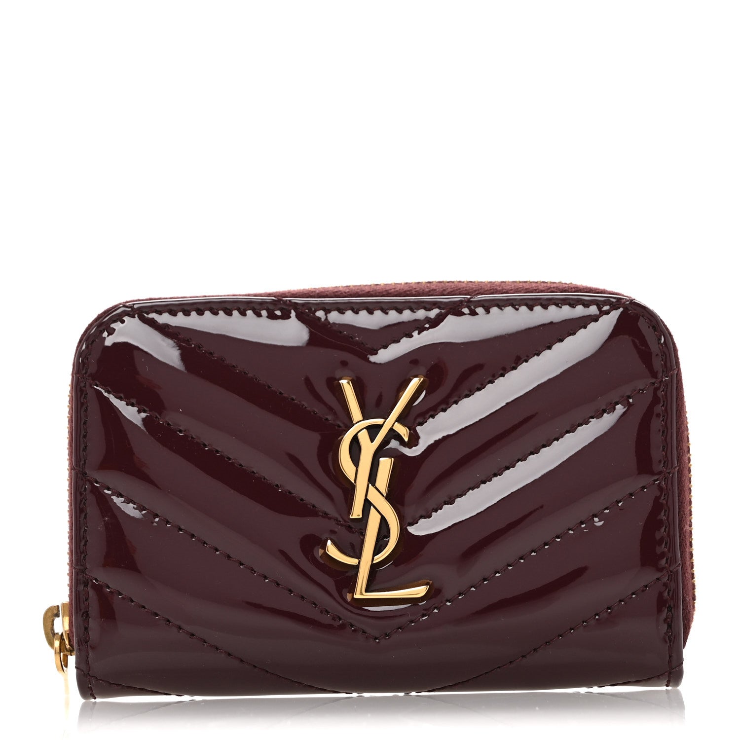 Saint Laurent Patent Matelasse Chevron Monogram Cassandre Compact Zip Around Card Wallet Dark Red Wine 1 of 9
