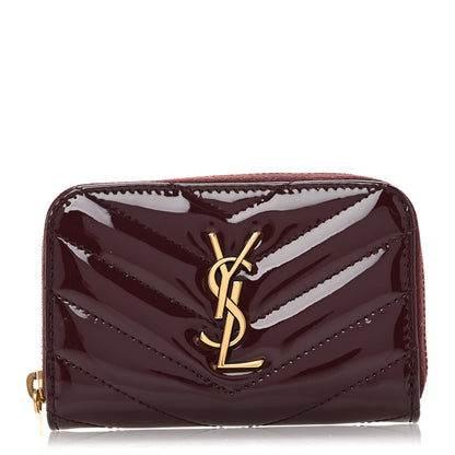 Saint Laurent Patent Matelasse Chevron Monogram Cassandre Compact Zip Around Card Wallet Dark Red Wine 1 of 9