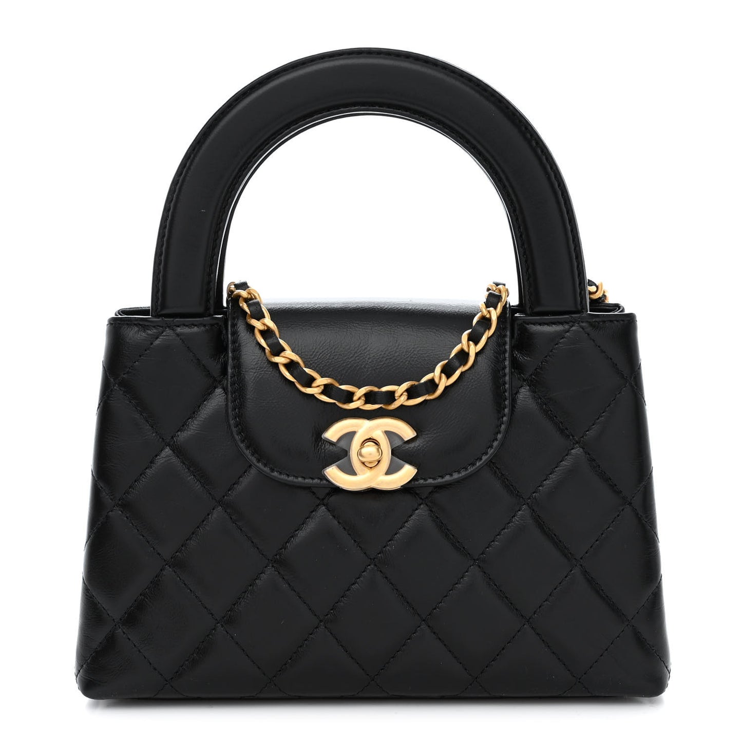 Shiny Aged Calfskin Quilted Nano Kelly Shopper Black