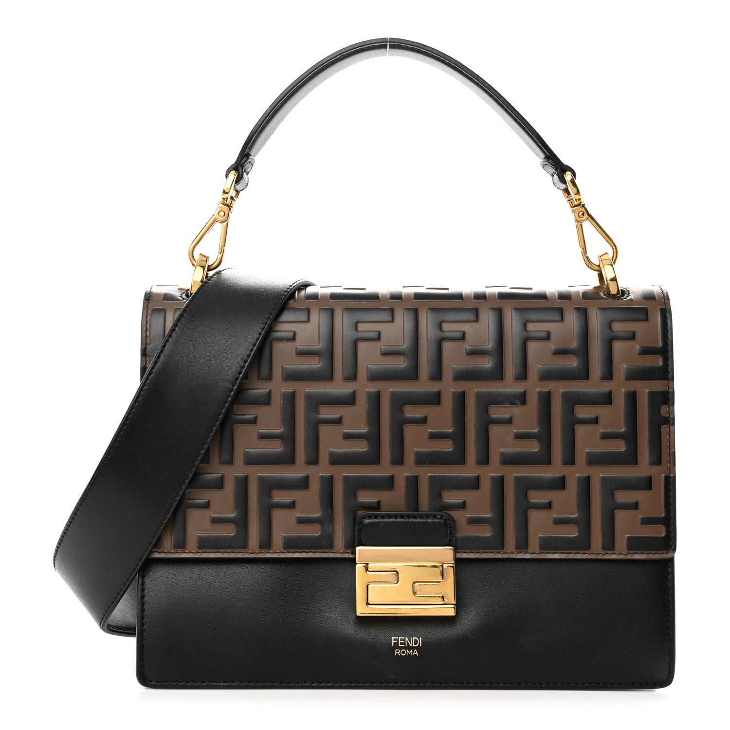 Fendi Vitello Liberty Bi-Color FF 1974 Embossed Chain Strap Kan U Shoulder Bag Black Maya 1 of 11
