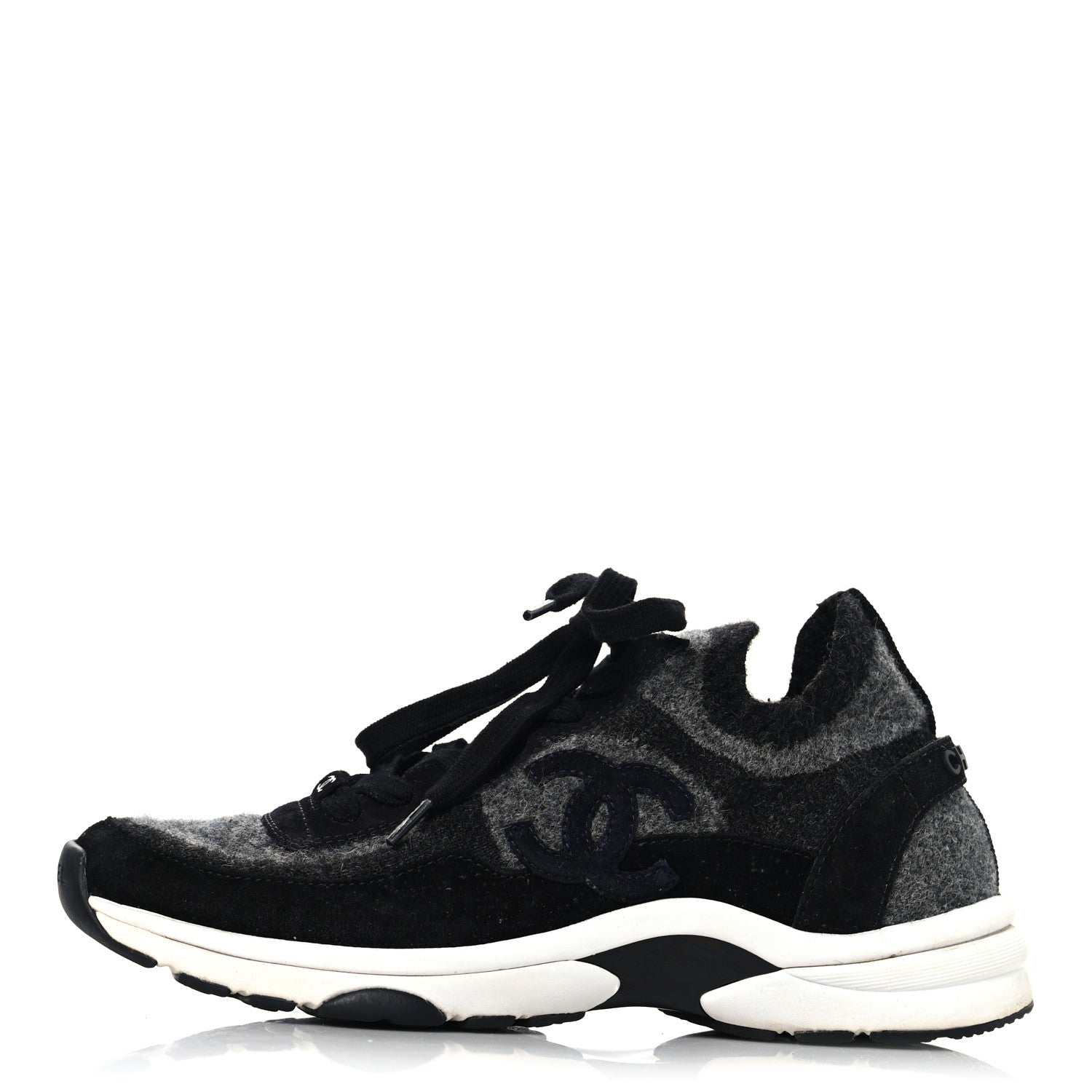 Chanel Knit Fabric Suede Calfskin Womens CC Sneakers 38.5 Black Grey 1 of 8