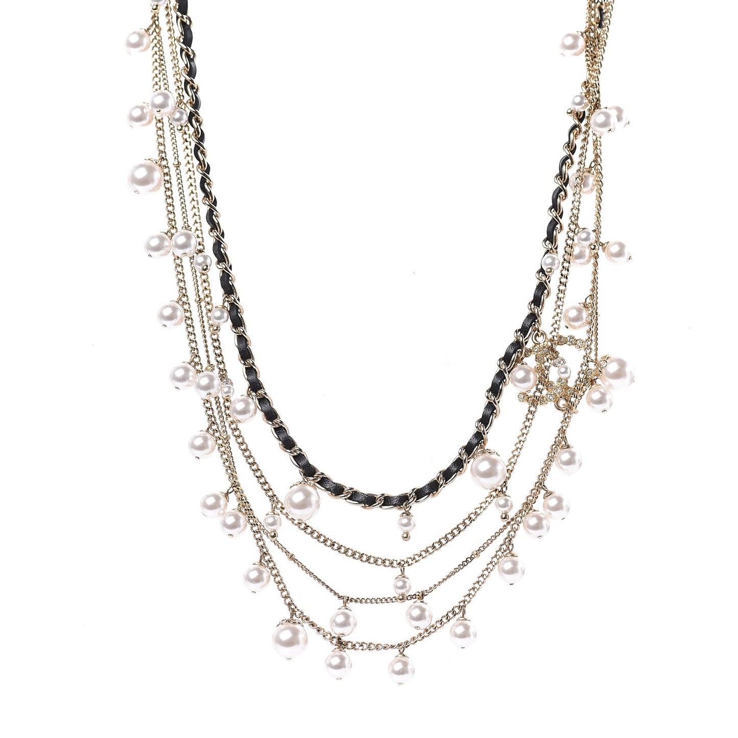 Pearl Crystal Lambskin CC Short Multi Strand Necklace Light Gold Black